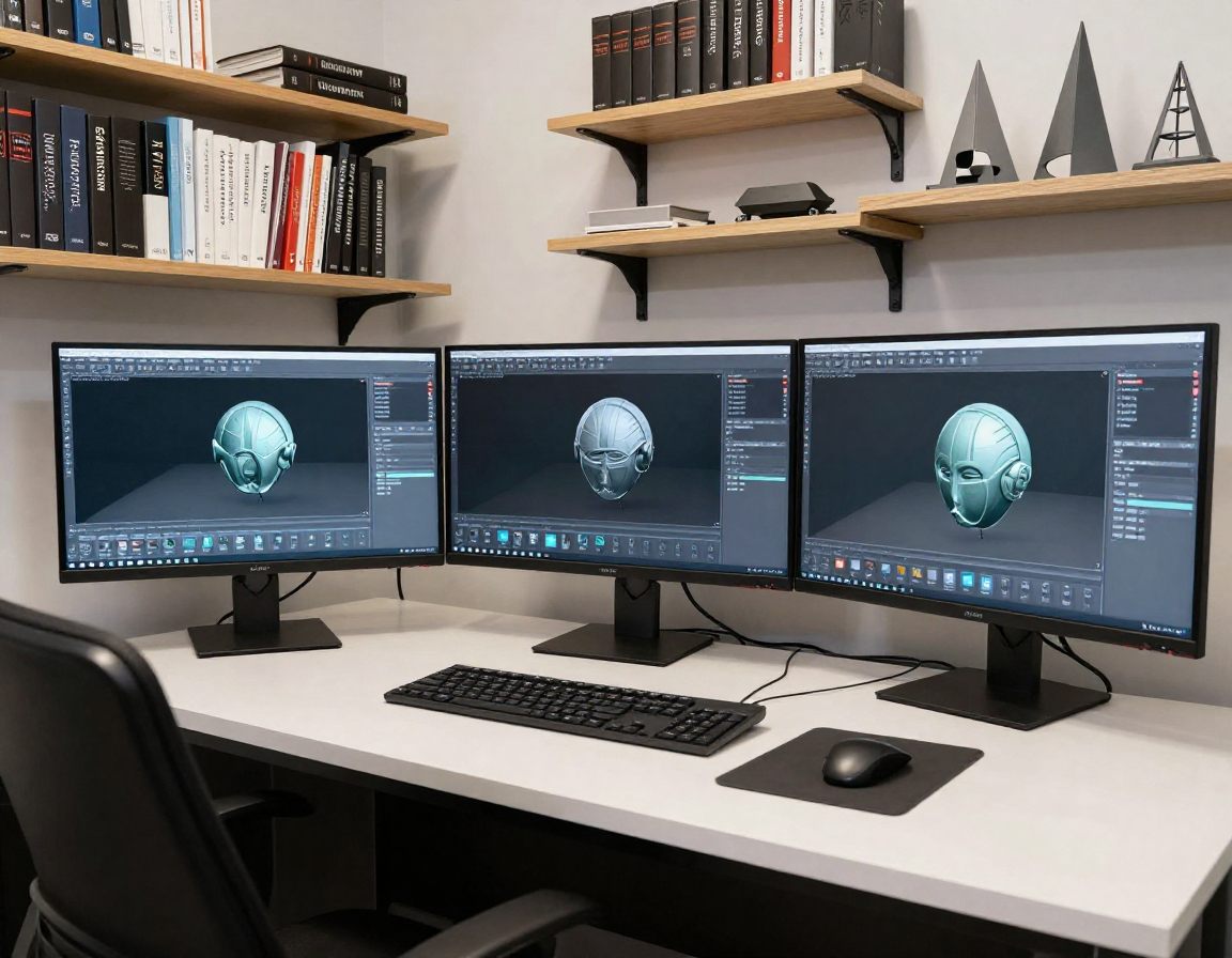 Professional 3D modeling studio workspace with multiple monitors